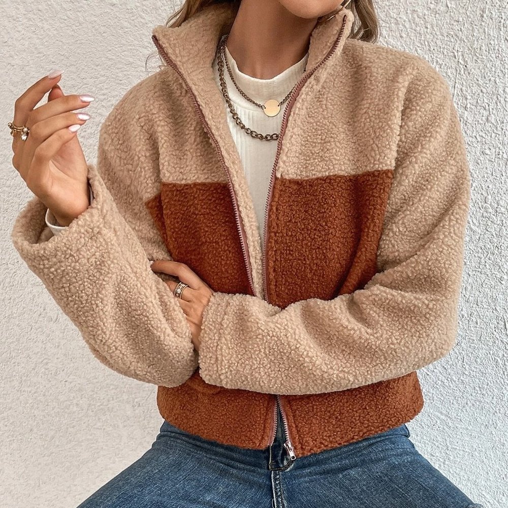 Zip Up Two Tone Drop Shoulder Teddy Jacket
